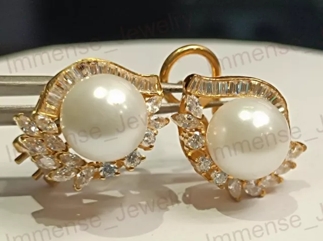 Omega Back Beautiful Stud Earring 14K Yellow Gold Plated 4 CT Round White Pearl