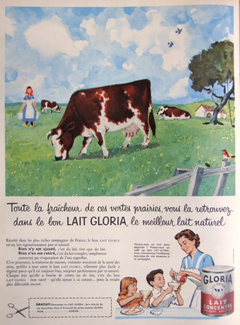 Publicité De Presse 1958 Gloria Lait Concentré Meilleur Lait Naturel - Vache