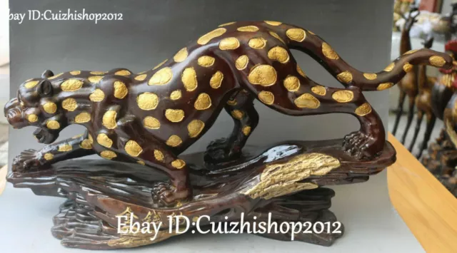 Unique China Pure Bronze Gilt Feng Shui Wealth Leopard Leopards animal statues