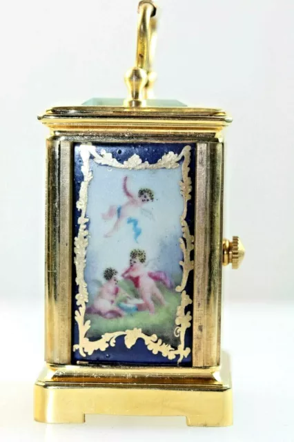 Carriage Clock Brass Miniature Hand painted Navy Blue Serves Porcelain Panels 2