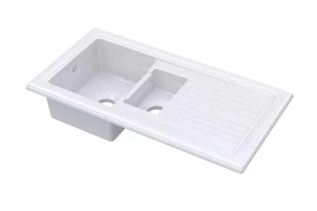 White Fireclay Ceramic 1.5 Bowl Kitchen Sink & Grooved Drainer (No Waste)