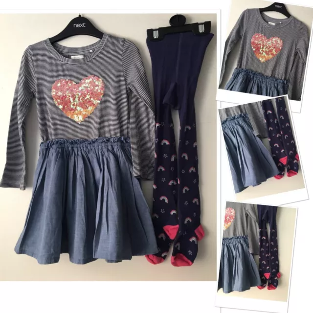 Next girls sequin heart flounce dress 3 yrs  Exc u & new tights 3-4 years