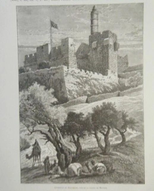 19th JERUSALEM CITADEL WOODCUT VIEW FROM HINNOM VALLEY