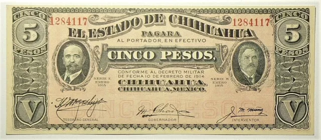 1914 Mexico Banco Estado Chihuahua 5 Pesos P531a UNC #11344