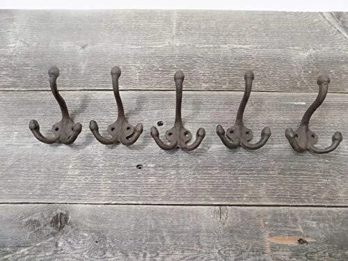 5 Rustic Coat Hooks Cast Iron Double Wall Hooks 3 1/2" Long for Hats Towel