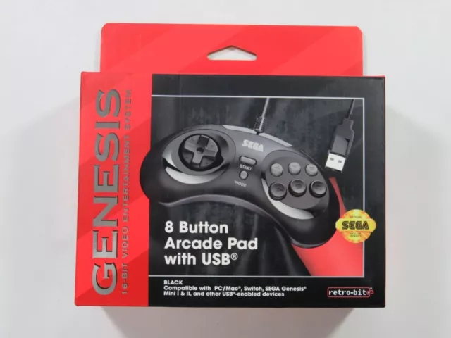 Genesis/Megadrive 8 Button Arcade Pad Black Usb Retro-Bit Official Sega For Pc/M