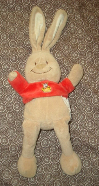 Doudou PELUCHE rabbit KANINCHEN LAPIN pull rouge BENGY coccinelle 30 CM TBE