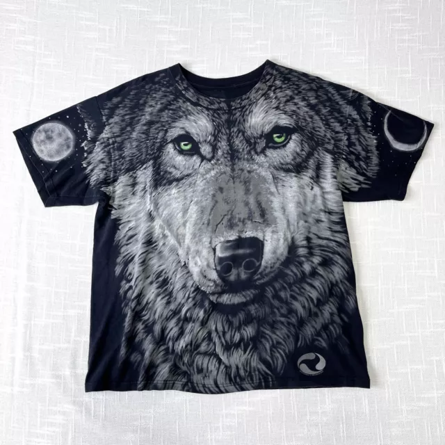 90s Liquid Blue Wolf All Over Print T Shirt XL Vtg Black Grunge Nature Biker