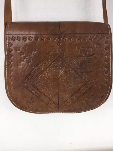 Vintage Brown Tooled Leather Saddle Crossbody Shoulder Strap Small Handbag