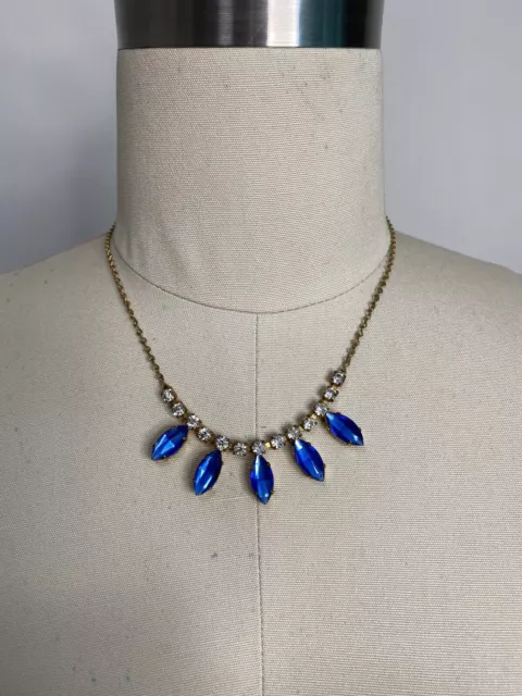 Vintage 60s Blue Marquise White Clear Rhinestone Gold Bib Choker Necklace Retro