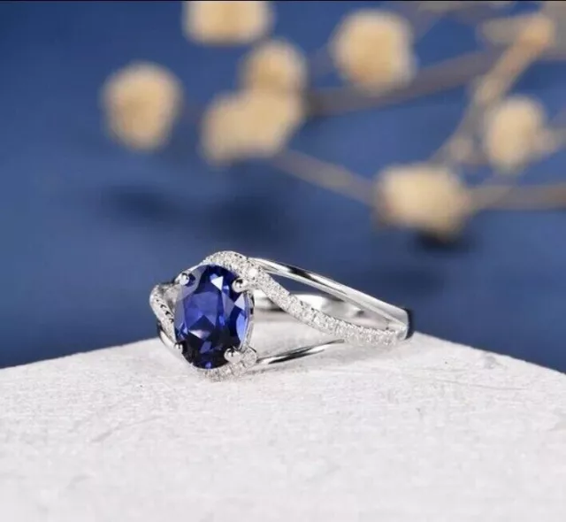 1.50CT OVAL CUT Lab Created Blue Sapphire Engagement Ring 14K White ...
