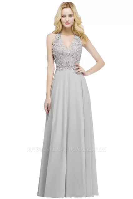 Damen Kleid Hochzeit Brautjungfer Ärmellose Party Ballkleid Kleid Grau L