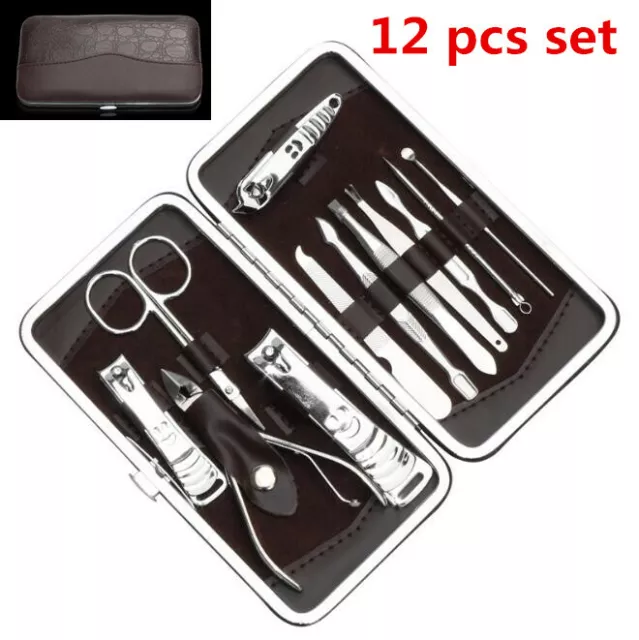 12pcs Manicure Pedicure Set Stainless Nail Clippers Kit Cuticle Grooming Case