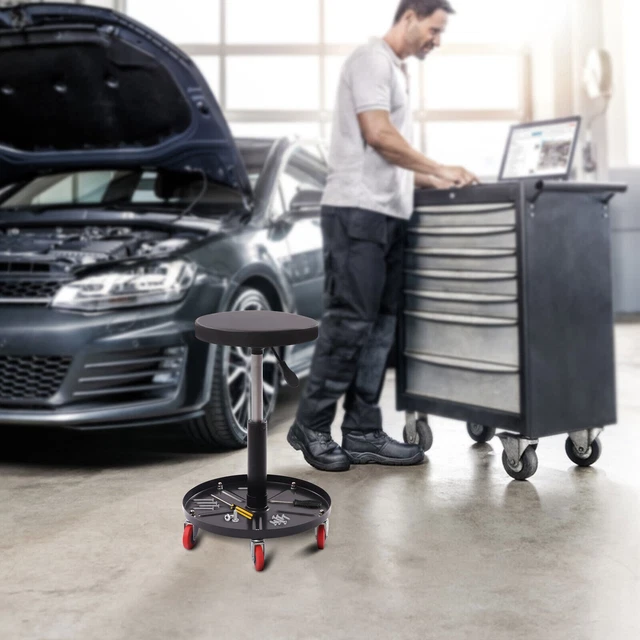 Sgabello da officina pneumatico girevole a 360° nero sedile con vassoio portaoggetti