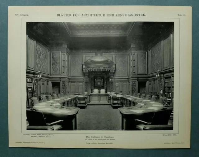 AuK1) Architektur Hamburg 1901 Rathaus Sitzungsaal Senat Möbel Kunst 26x34cm