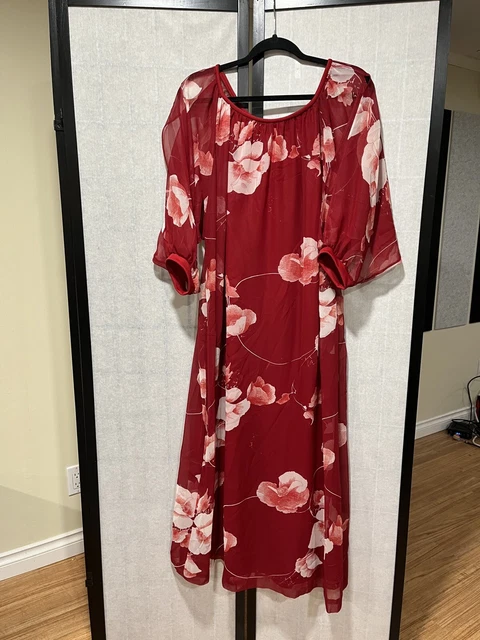 VTG KIYOMI HAWAII Liberty House Maxi Dress Red floral muumuu sheer small 60s
