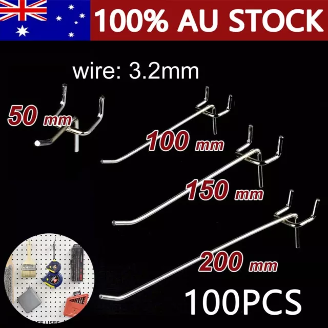 100pcs Pegboard Hooks Metal Steel Panel Peg Board 50/100/150 200mm Work Shop AUS