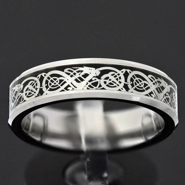 6mm Tungsten White Celtic Dragon Inlay Men Bevel Wedding Band Engagement Ring