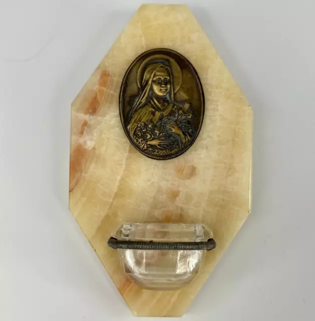 Vintage French Religious Hanging St. Therese Icon Marble Plaque Holy Water Font