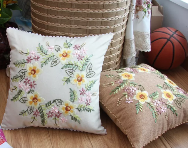 Cushion cover embroidery kit DIY pillow case floral pattern Beginner craft Kit