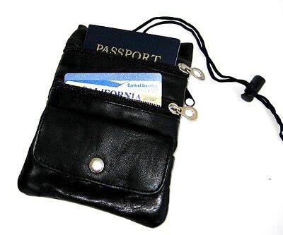 Set of 2 Passport Genuine Leather ID Card Holder Travel Zip Lanyard Neck Pouch