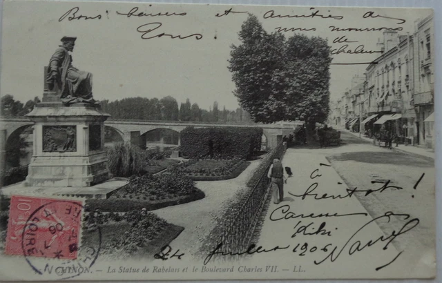 Chinon 37 CPA La Statue Of Rabelais and The Boulevard Charles VII Good Mint 1906