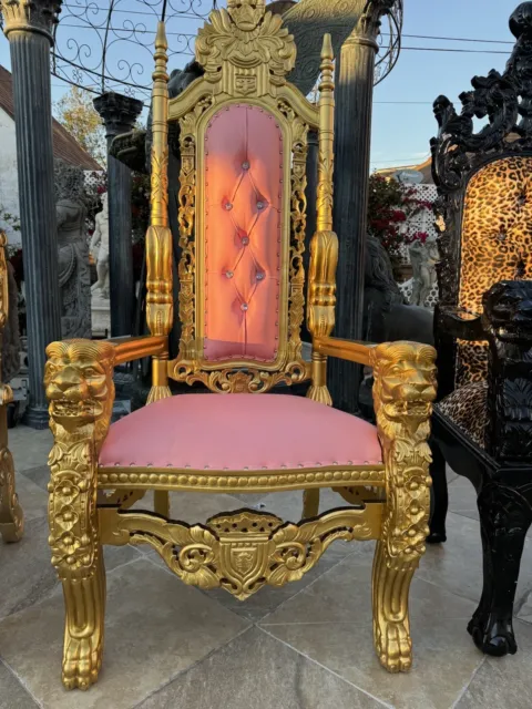 Pink & Gold Gothic Throne Medieval Style Chair with Lion Head Armrest