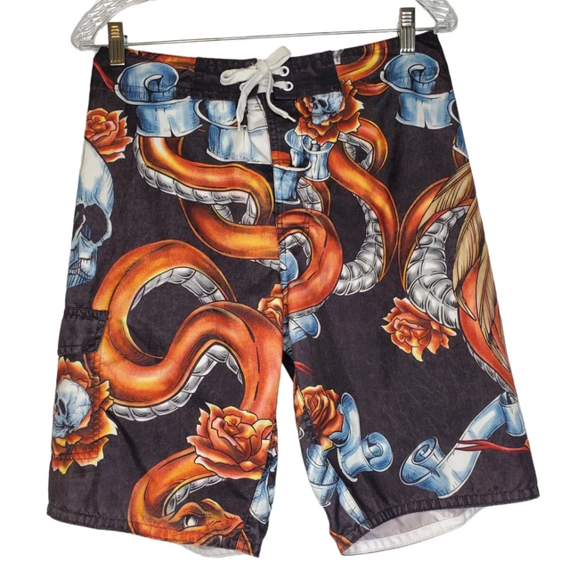 Joe Boxer skull eagle design board shorts swim trunks men's size small