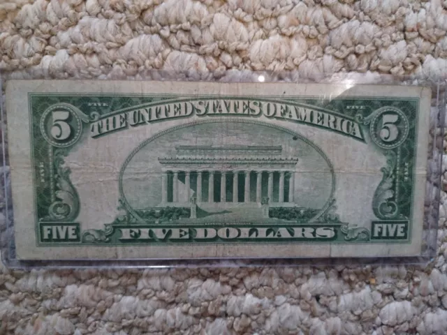 1928-C FIVE DOLLAR $5 United States Red Seal Note Bill
