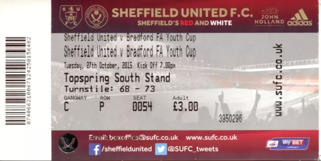 Sheffield United v Bradford City 27/10/15 FA Youth Cup Ticket