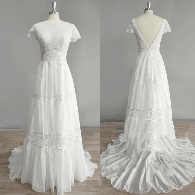 A Line Wedding Dresses Lace Applique Cap Sleeves Backless Scoop Neck Bridal Gown