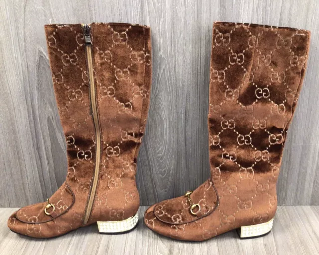 NEW Authentic Gucci Boots GG Brown Velvet Horsebit Womens 525242