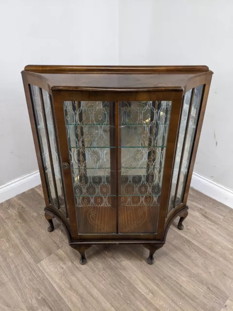 DISPLAY CABINET Walnut Glass Mirror Shelved Bow Fronted Art Deco Inlaid Detail 3