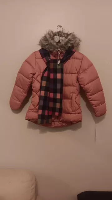 R1881 Rothschild Little Girls ROSE Faux Fur Hooded Puffer Jacket w/Scarf S (7/8)