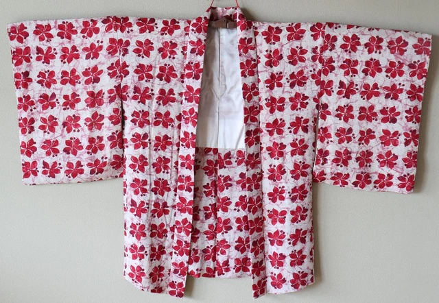 Japanese Kimono Silk Haori Coat Jacket Red White Flower Vintage
