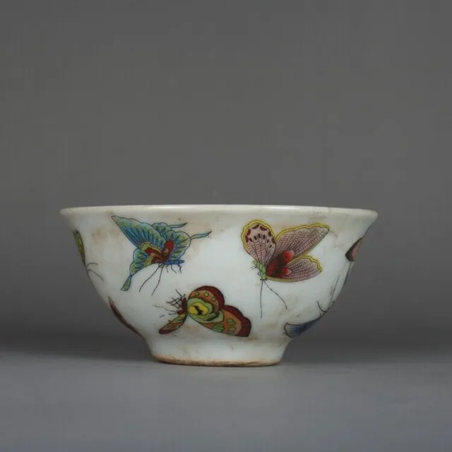 Chinese Famille Rose Porcelain Qing Tongzhi Butterfly Design Teacup Cup 3.5 Inch