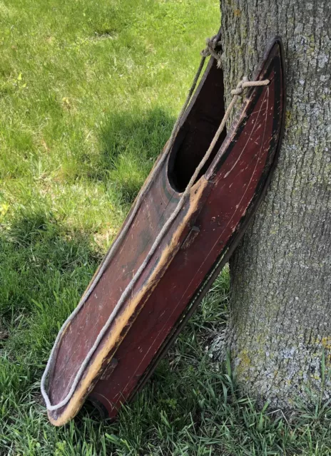 Antique Vtg 1800s Child’s Wood Sled Sleigh / Hand Painted / Cast Iron Runners