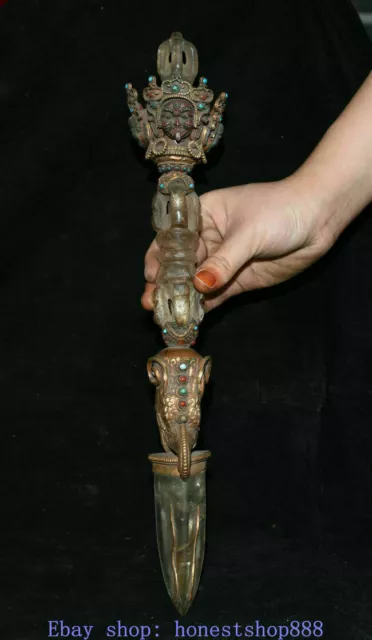 11" Old Tibet Tibetan Nepal Crystal Gilt Temple Mahakala Phurba Dagger Holder