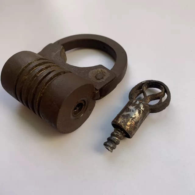 Iron padlock or lock w/ SCREW TYPE key, old or antique, small sized.