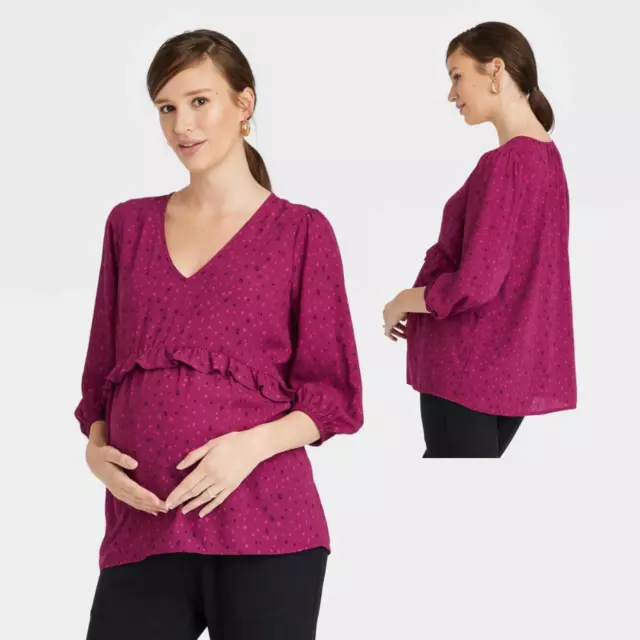 Isabel Maternity NWT Women's S Purple Floral 3/4 Sleeve Ruffle Waist Woven Top