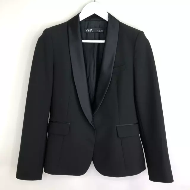 Zara womens single button tuxedo blazer jacket size large black satin lapel