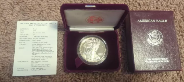 1988-S American Silver Eagle Proof Silver Dollar 1oz w/Original Velvet Box & COA