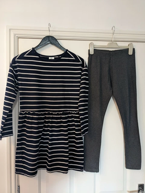 Next Girls Age 12 Navy Stripe Dress With Grey Leggings Co ORD Outfit