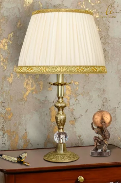 lampada da tavolo comodino classica in cristallo e ottone con paralume plissé-