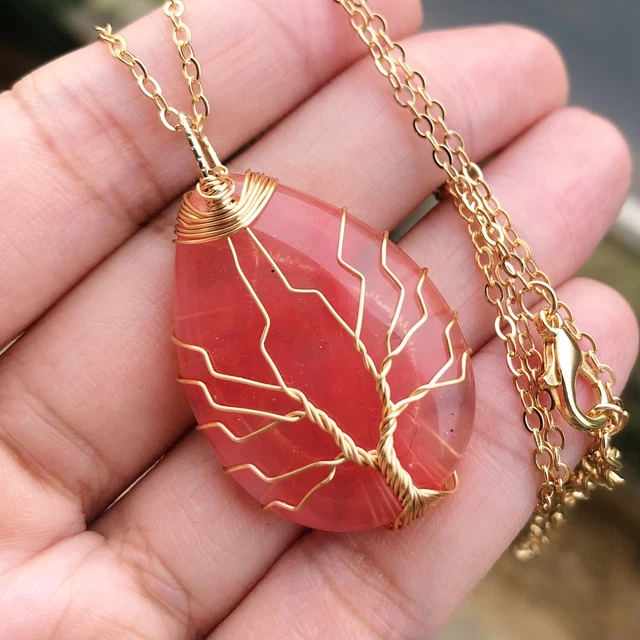 Cheery Quartz Tree Of Life Necklace Chakra Water-Drop Reiki Healing Amulet