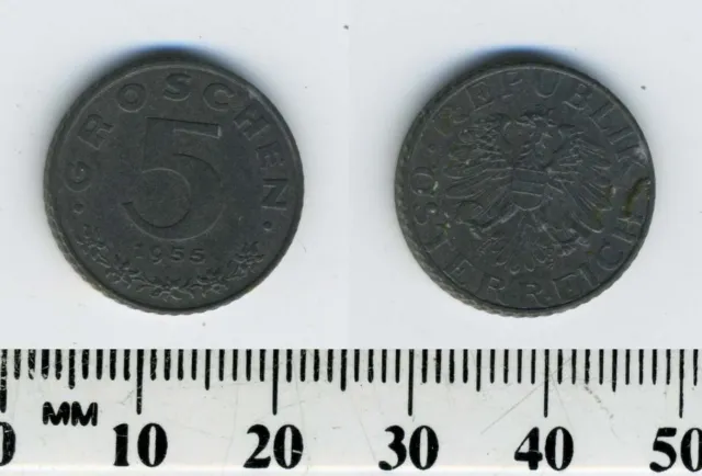 Austria 1955 - 5 Groschen Zinc Coin - Imperial Eagle with Austrian shield - #3 2