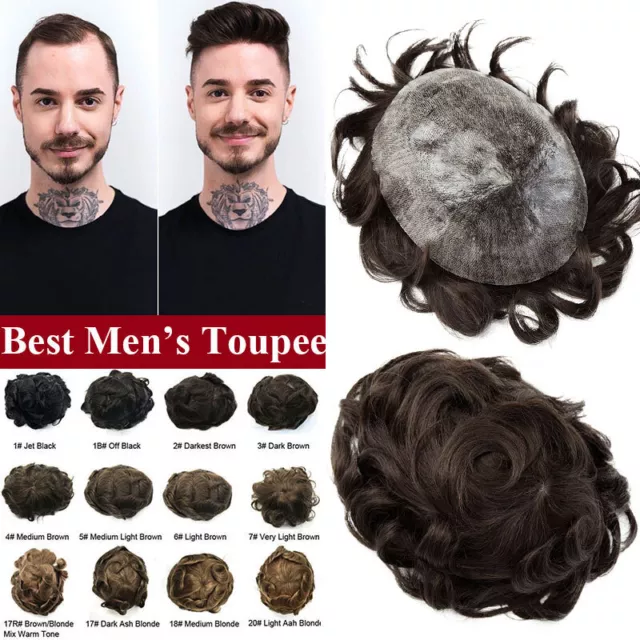 Herren REMY Echthaar Toupet Männer Haarteile Ersatz Skin PU Toupee Wig Perücke r