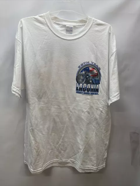 Mens Large White/Blue Laconia New Hampshire 95th 2018 Bike Week T Shirt