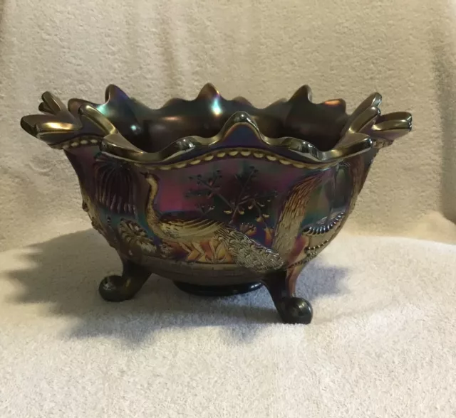 Rare Northwood Carnival Glass Peacock at The Fountain Bowl