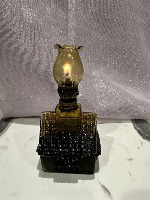 Figural Log Cabin Miniature Oil Lamp Honey Amber Works Perfectly.